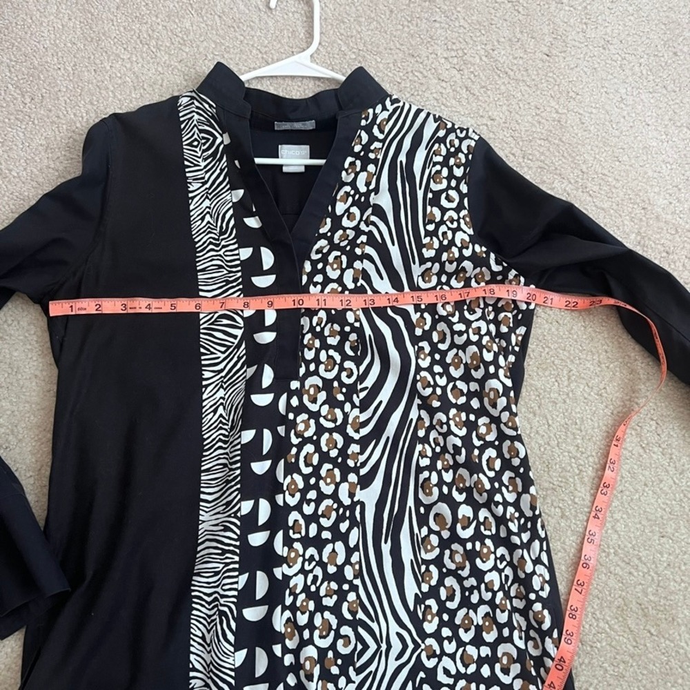 Chicos No-Iron Chic Stretch Animal Print Tunic Shirt Black Mixed Zebra Leopard M - Picture 10 of 11